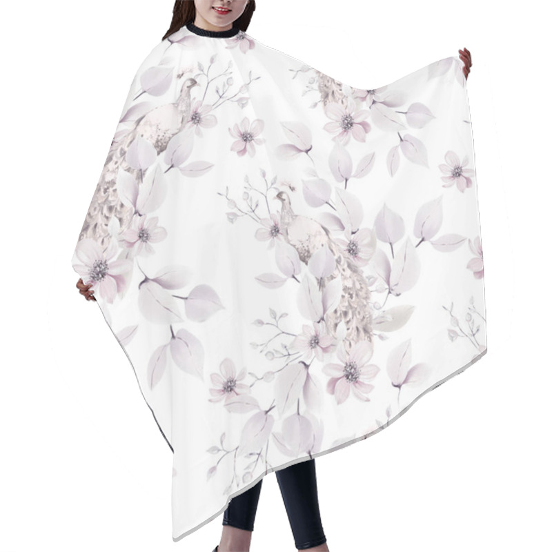 Personality  Watercolor Pattern With The Purple  Flowers And Wild Herbs, Peacock Bird. Illustration Hair Cutting Cape