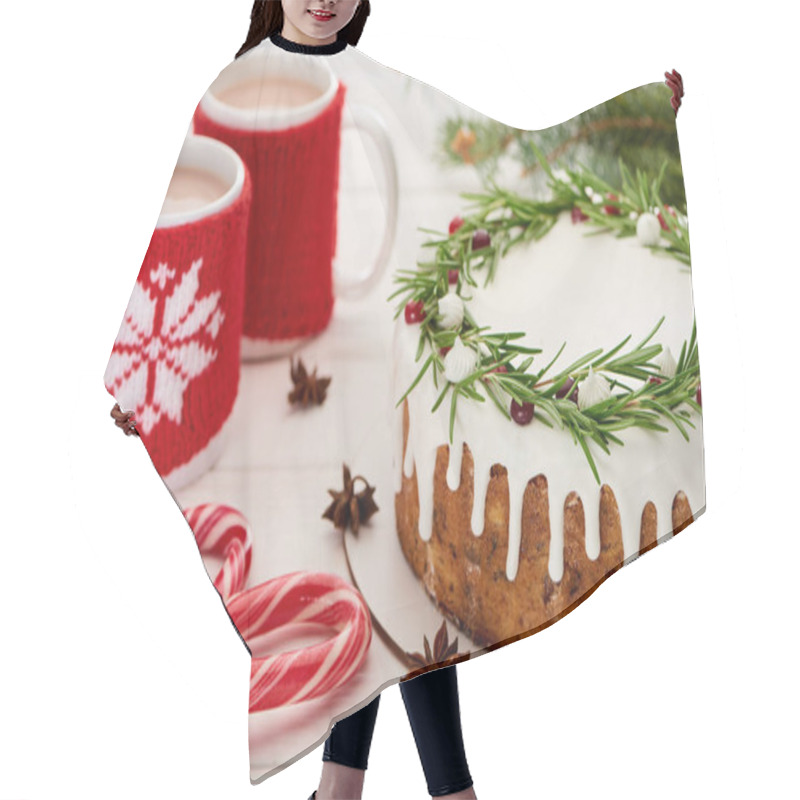 Personality  Candy Canes, Christmas Pie With Icing And Two Cups Of Coffee On White Wooden Table  Hair Cutting Cape