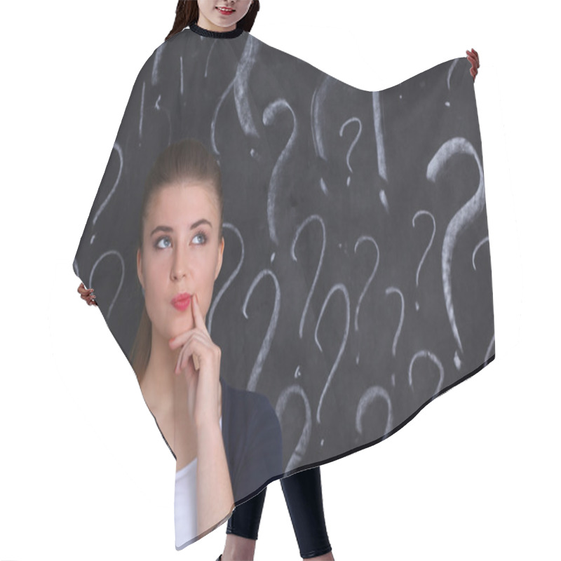 Personality  Young Girl With Question Mark On A Gray Background Hair Cutting Cape