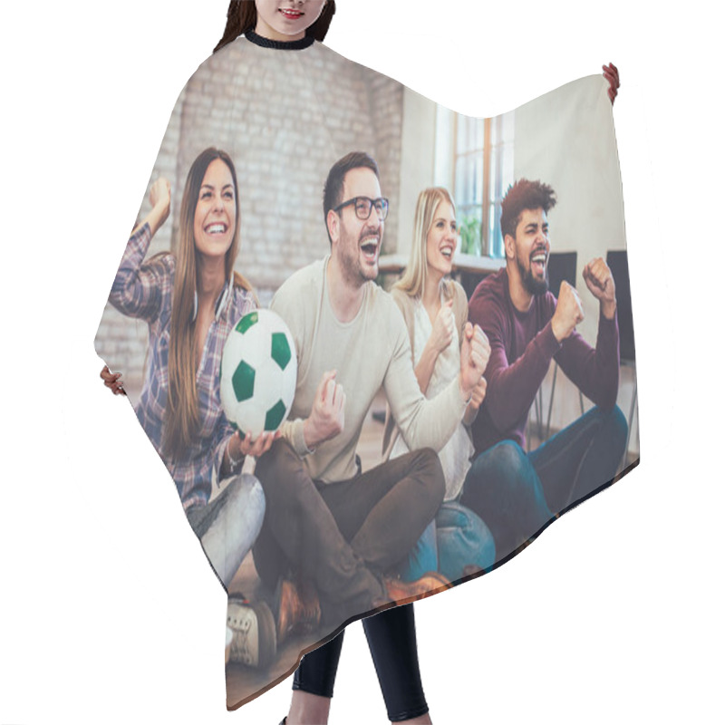 Personality  Happy Friends Or Football Fans Watching Soccer On Tv And Celebrating Victory. Friendship, Sports And Entertainment Concept. Hair Cutting Cape