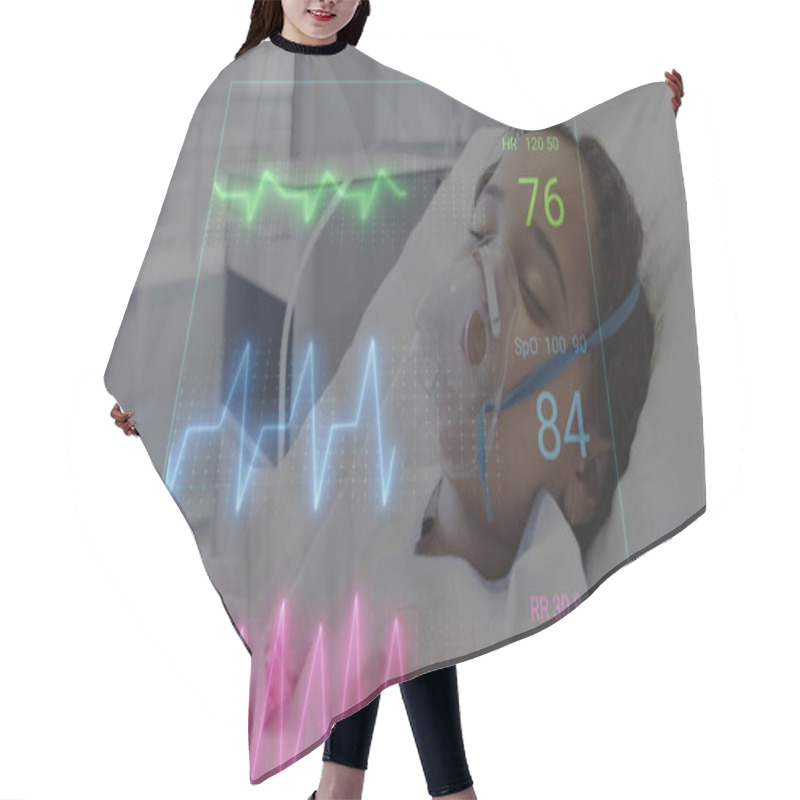 Personality  Image Of Heart Rate Monitor Against Biracial Girl In Wearing Oxygen Mask Lying On Hospital Bed. Medical Healthcare And Research Science Technology Concept Hair Cutting Cape