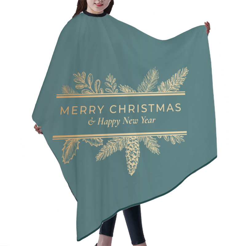 Personality  Christmas Abstract Botanical Label With Rectangle Frame Banner And Modern Typography. Classy Green And Golden Colors Greeting Layout. Holiday Social Media Post Template. Hair Cutting Cape