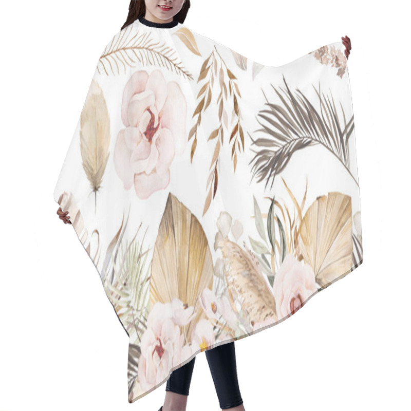 Personality  Watercolor Bohemian Seamless Border With Dried Tropical Leaves And Pampas Grass Illustration Isolated. Beige Elements For Wedding Design And Crafting Hair Cutting Cape