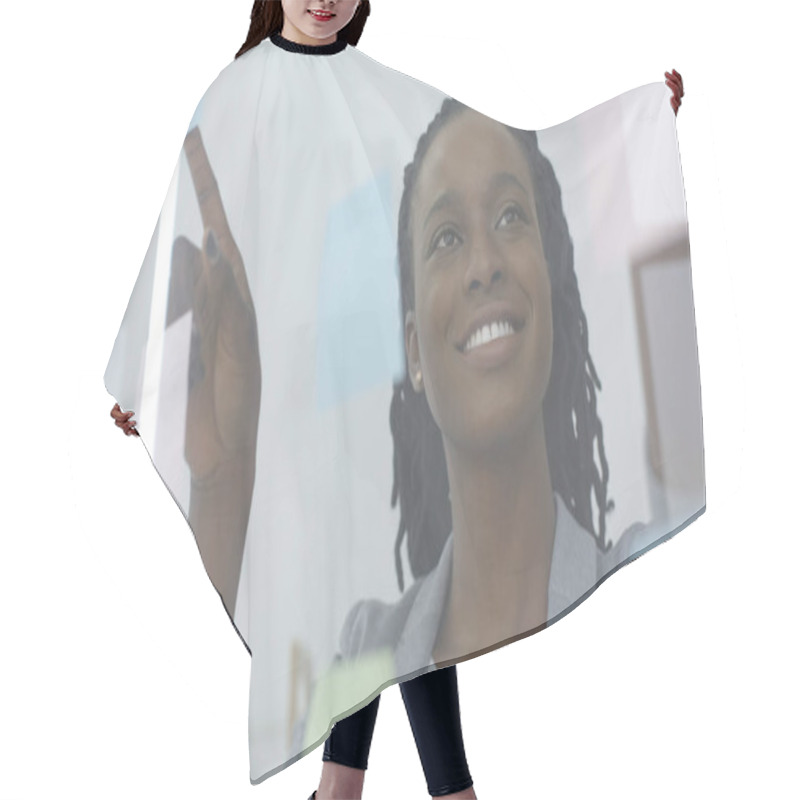 Personality  Afro Business Lady Reading Sticky Notes On Glass Visualisation Board Hair Cutting Cape