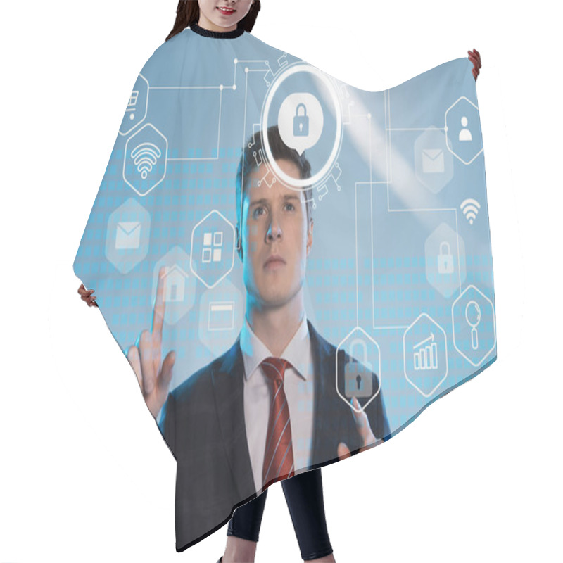 Personality  Handsome Businessman In Suit Pointing With Fingers At Cyber Security Icons In Front On Blue Background Hair Cutting Cape