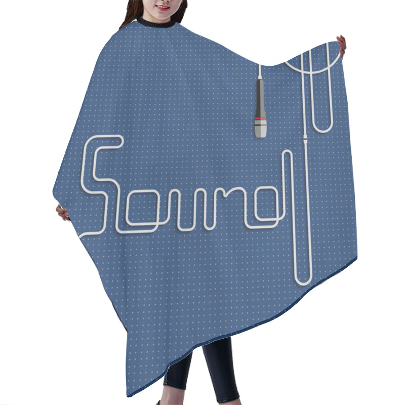 Personality  Sound. The Word (lettering) Sound Made Of The Cable (laid White Cable), Blue Background With Gray Points, Power Socket And Microphone. Hair Cutting Cape