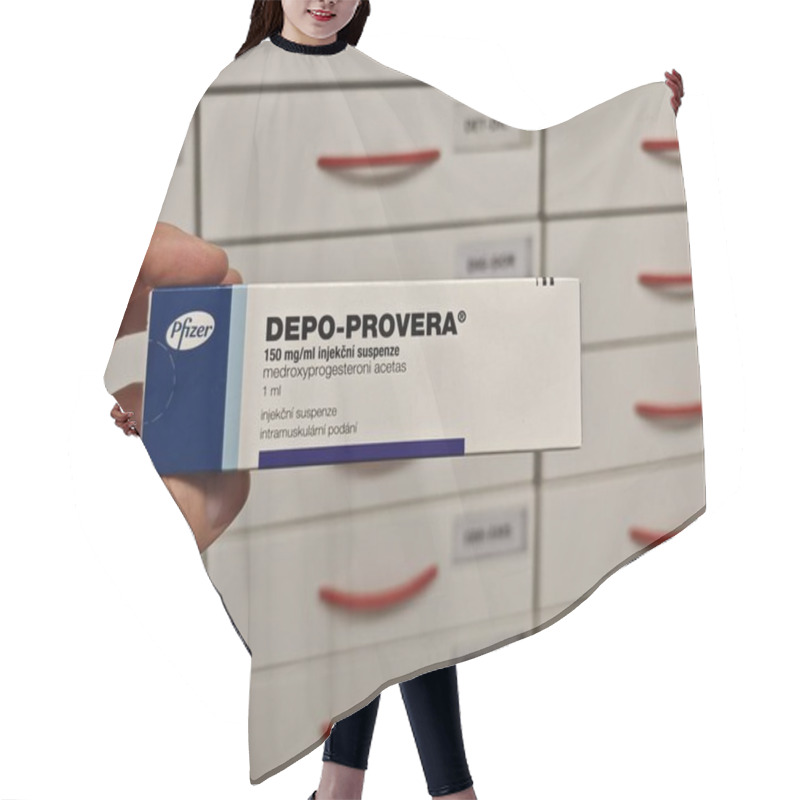 Personality  Prague, Czech Republic - July 9 2024: DEPO-PROVERA Box Of Medication With Medroxyprogesterone Acetate Active Substance By Pfizer, Used For Treatment Of Contraception, Menstrual Disorders, Endometriosi Hair Cutting Cape