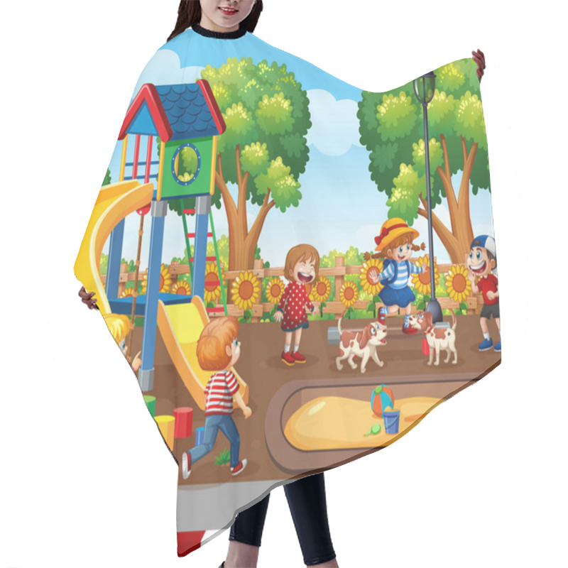 Personality  Children Playing In The Playground Scene  Illustration Hair Cutting Cape