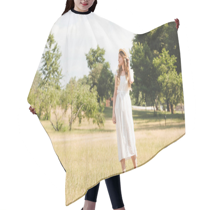 Personality  Beautiful Girl In White Dress And Straw Hat Standing On Meadow And Looking Away Hair Cutting Cape