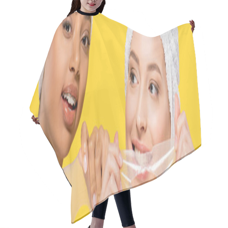 Personality  Panoramic Shot Of Smiling Multiracial Girls Holding Hydrogel Masks, Isolated On Yellow Hair Cutting Cape