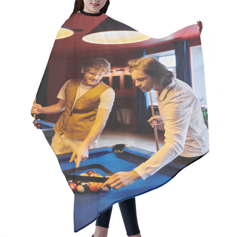 Personality  Friends Engage In A Friendly Game Of Billiards, Their Laughter Echoing Through The Stylish Bar. Hair Cutting Cape