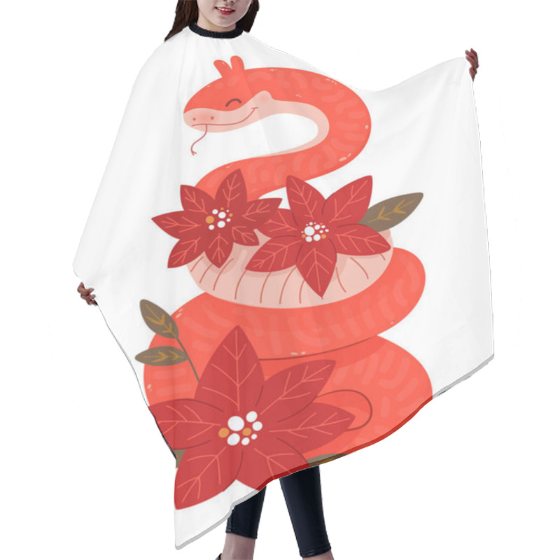 Personality  Chinese Snake With Christmas Star Poinsettia Flowers. Cute Character For Winter Holidays, Chinese New Year 2025 Zodiac Sign Vector Illustration. Hair Cutting Cape