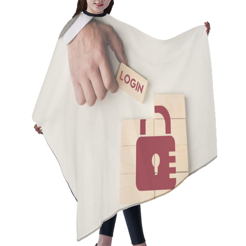 Personality  Partial View Of Man Holding Brick With 'login' Lettering Over Wooden Blocks With Lock Icon Isolated On White Hair Cutting Cape