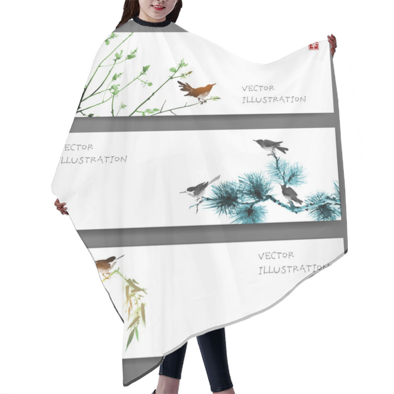 Personality  Banners With Birds Of Trees. Traditional Japanese Ink Painting Sumi-e, U-sin, Go-hua. Hair Cutting Cape