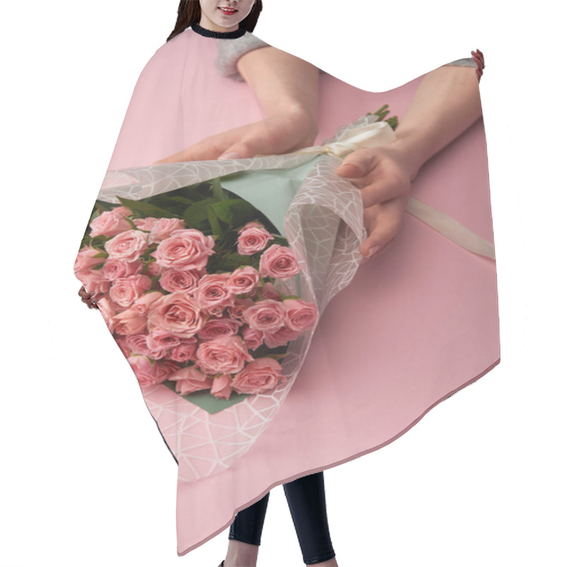 Personality  Partial View Of Woman Holding Bouquet Of Beautiful Roses On Pink Hair Cutting Cape