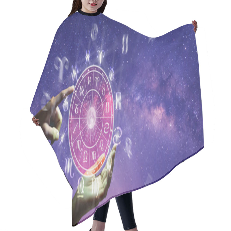 Personality  Astrological Zodiac Signs Inside Of Horoscope Circle. Astrology, Knowledge Of Stars In The Sky Over The Milky Way And Moon. The Power Of The Universe Concept. Hair Cutting Cape