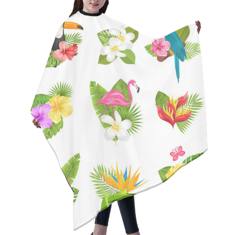 Personality  Set Composition With Tropical Flowers, Exotic Bird And Plants Hair Cutting Cape