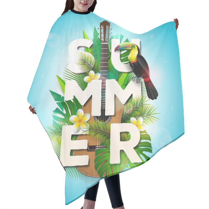 Personality  Vector Summer Holiday Typographic Illustration With Toucan Bird, Acoustic Guitar And Flower On Tropical Plants Background. Design Template With Green Palm Leaf For Banner, Flyer, Invitation, Brochure Hair Cutting Cape