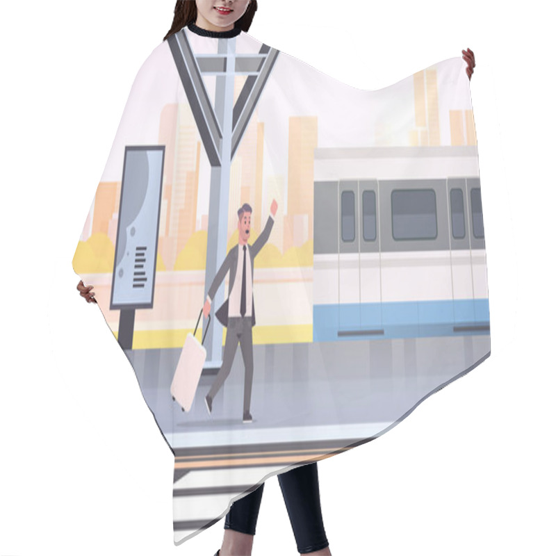 Personality  Businessman Running To Catch Train Business Man With Luggage On Railway Station City Public Transport Male Cartoon Character Cityscape Background Full Length Horizontal Hair Cutting Cape