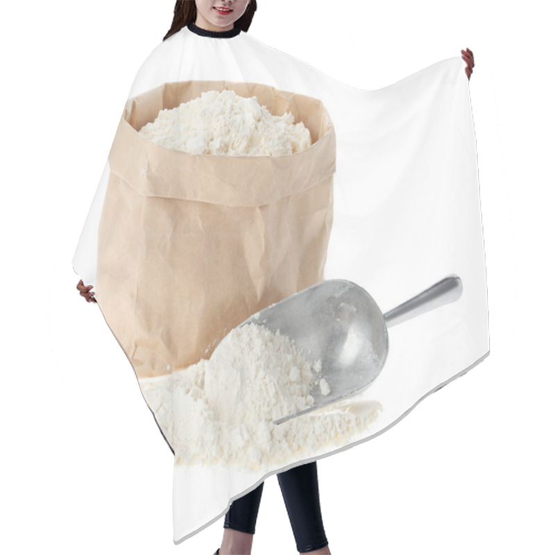 Personality  Paper Bag And Scoop With Flour Isolated On White Hair Cutting Cape