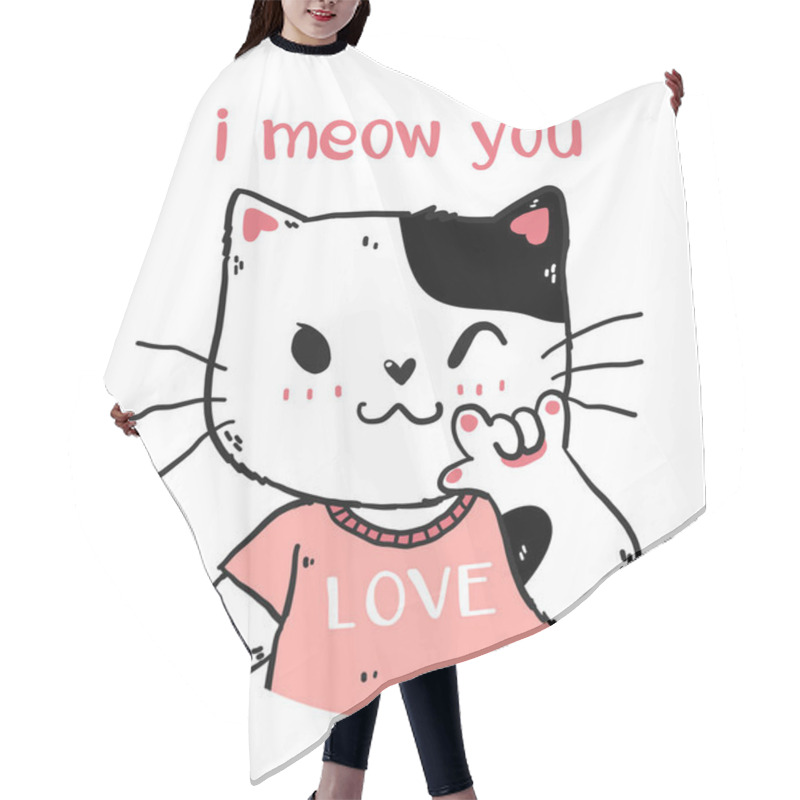 Personality  Cute Happy White And Pink Cat I Meow You With Love You Hand Gesture Signage Portrait Half Body Doodle Cartoon Flat Vector For Nursery Art, Greeting Card, T Shirt, Sticker, Printable Hair Cutting Cape