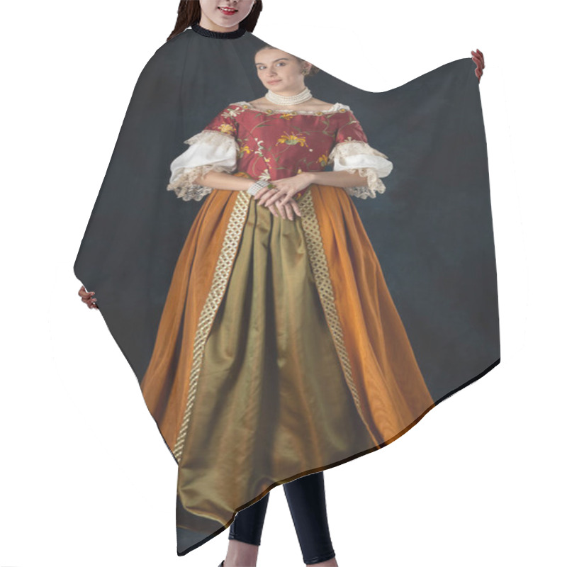 Personality  Renaissance, Tudor, Georgian, Or High Fantasy Woman Wearing An Embroidered Bodice With A Linen Undershirt And A Long Two-piece Skirt Against A Studio Backdrop Hair Cutting Cape