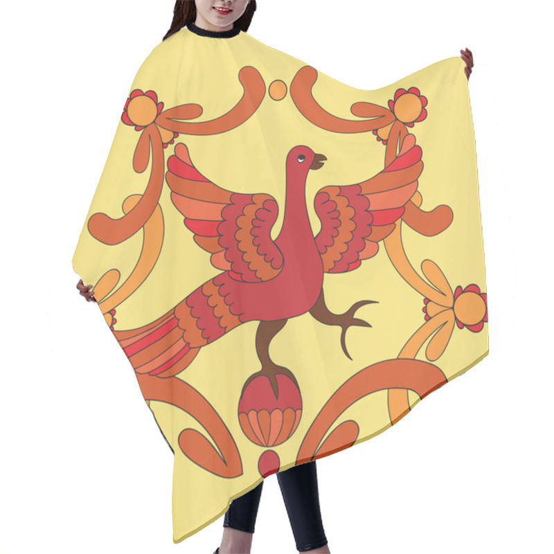 Personality  Ornamental Vector Illustration Of Mythological Bird. Red Phoenix Bird On The Yellow Background. Hohloma Style. Folkloric Motive. Fairy Tales, Stories, Myths And Legends Decoration. Hair Cutting Cape