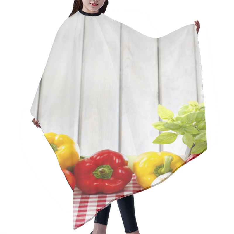 Personality  Fresh Vegetables On Red Checkered Table Cloth. Wooden Background Hair Cutting Cape