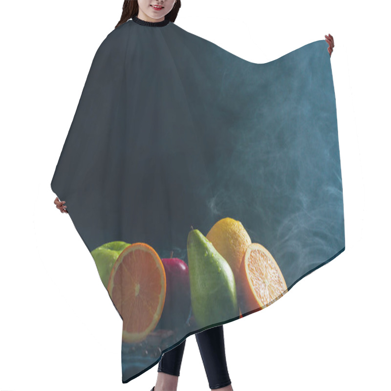 Personality  Beautiful Composition Of Fresh Fruits On A Black Background In Smoke Hair Cutting Cape