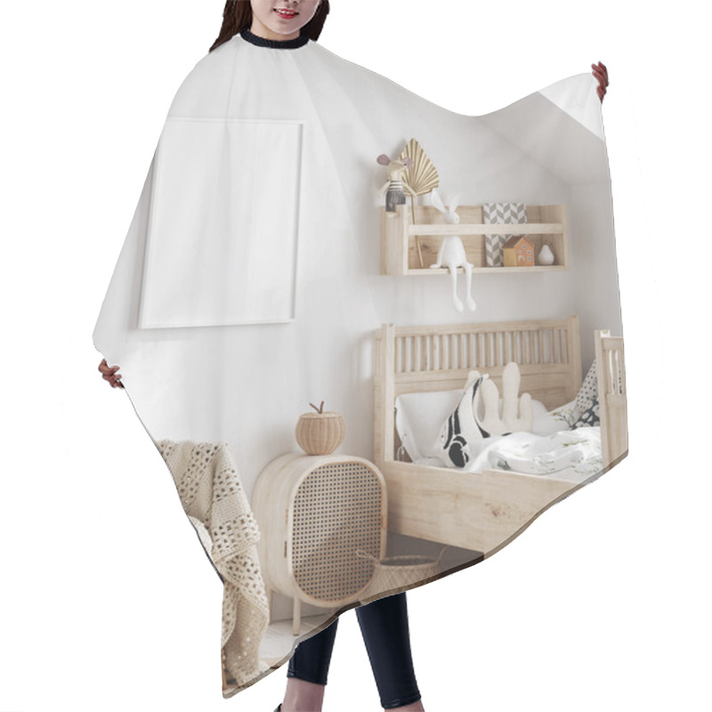 Personality  Mock Up Frame In Children Room With Natural Wooden Furniture, 3D Render Hair Cutting Cape