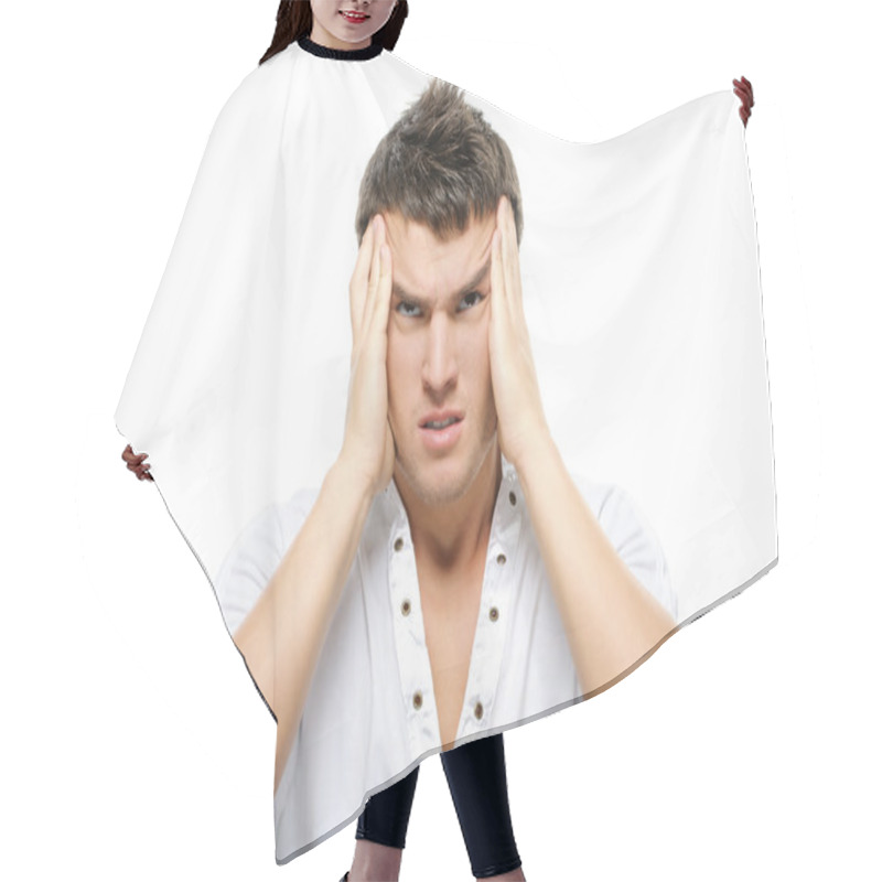 Personality  Portrait Of Young Pensive Man Hair Cutting Cape