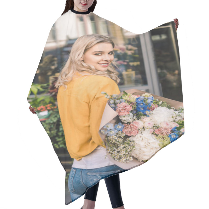 Personality  Smiling Attractive Girl Standing With Wrapped Bouquet Near Flower Shop And Looking At Camera Hair Cutting Cape