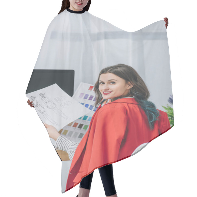 Personality  Female Designer Working With Illustrations By Working Table With Computer Hair Cutting Cape