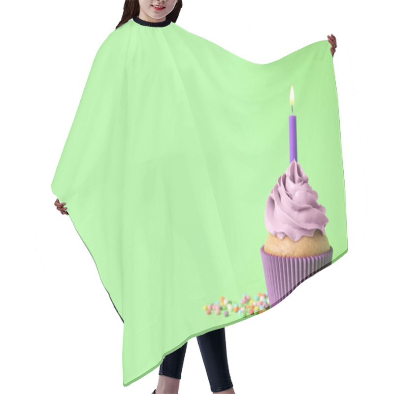 Personality  Delicious Birthday Cupcake With Burning Candle And Sprinkles On Green Background, Space For Text Hair Cutting Cape