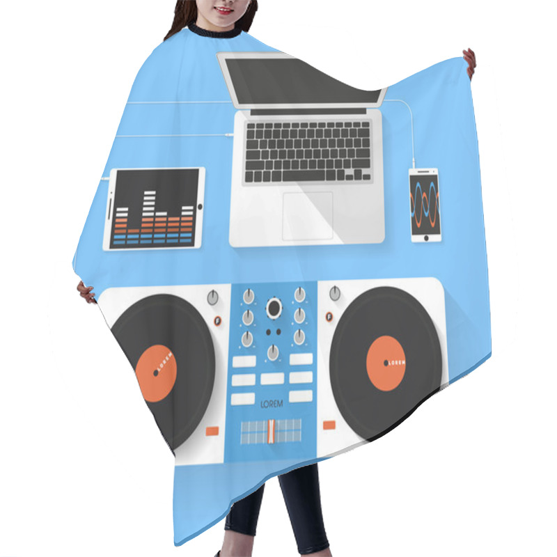 Personality  Flat Design Vector Illustration Of Dj Workspace. Top View Of Desk Background With Laptop, Mixer, Tablet Pc And Smartphone Hair Cutting Cape