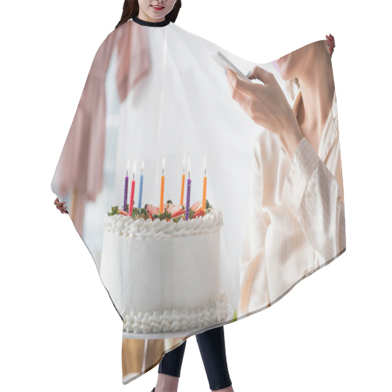 Personality  Cropped View Of Woman Taking Photo Of Birthday Cake  Hair Cutting Cape