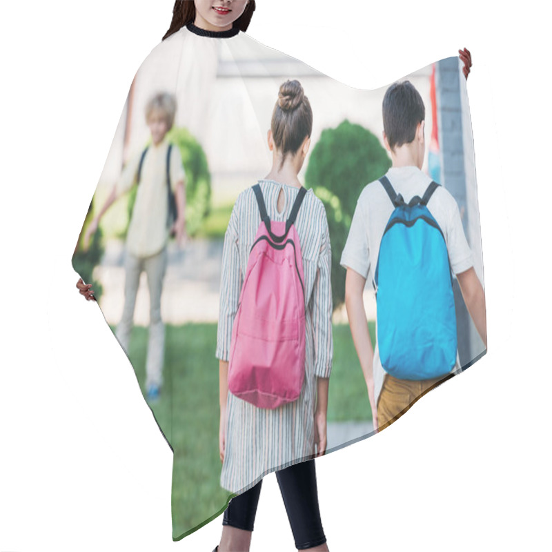 Personality  Rear View Of Schoolchildren With Bakpacks Waling By School Garden Hair Cutting Cape