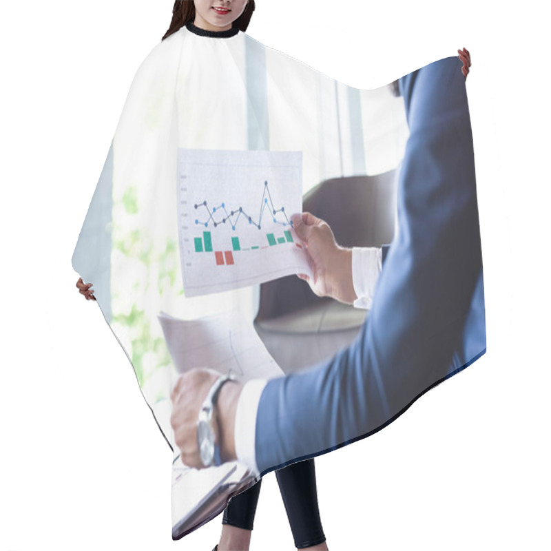 Personality  Cropped View Of Man In Formal Wear Looking At Papers With Charts And Graphs Hair Cutting Cape