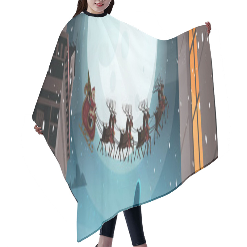 Personality  Santa Flying In Sleigh With Reindeers In Night Sky Over City, Merry Christmas And Happy New Year Greeting Card Winter Holidays Concept Banner Hair Cutting Cape