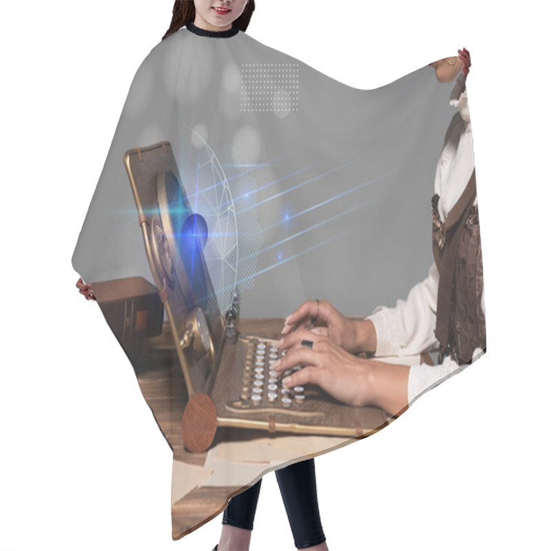 Personality  Cropped View Of Woman Typing On Steampunk Laptop At Table With Glowing Illustration Isolated On Grey Hair Cutting Cape