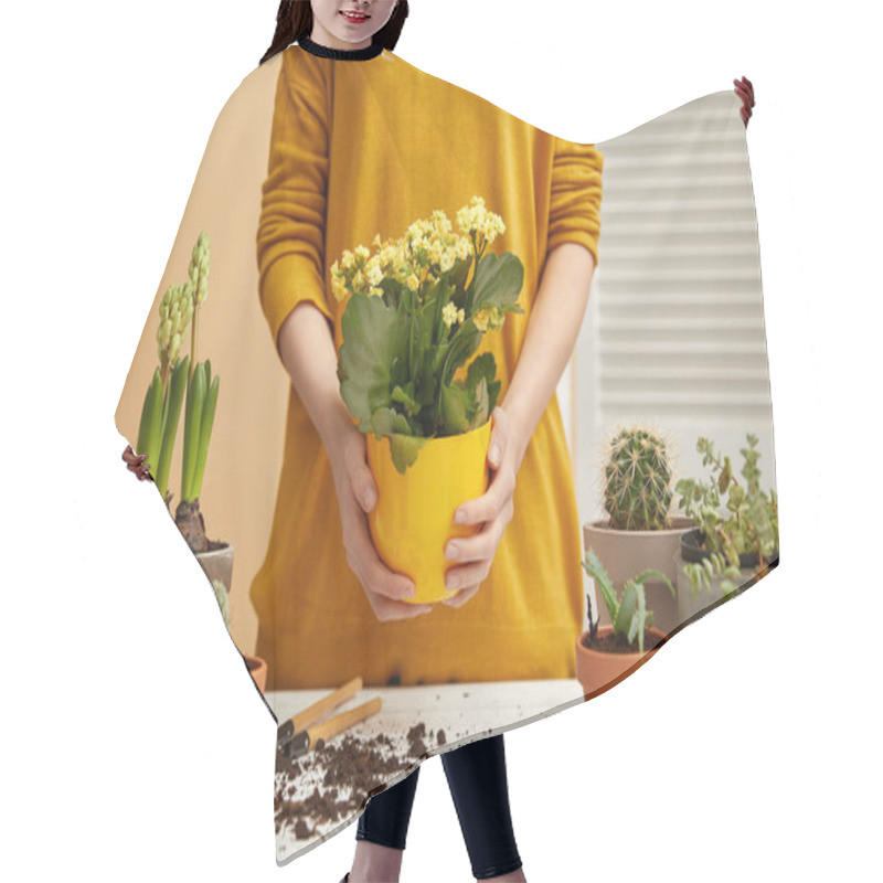 Personality  Partial View Of Woman In Sweater Holding Yellow Flowers  Hair Cutting Cape