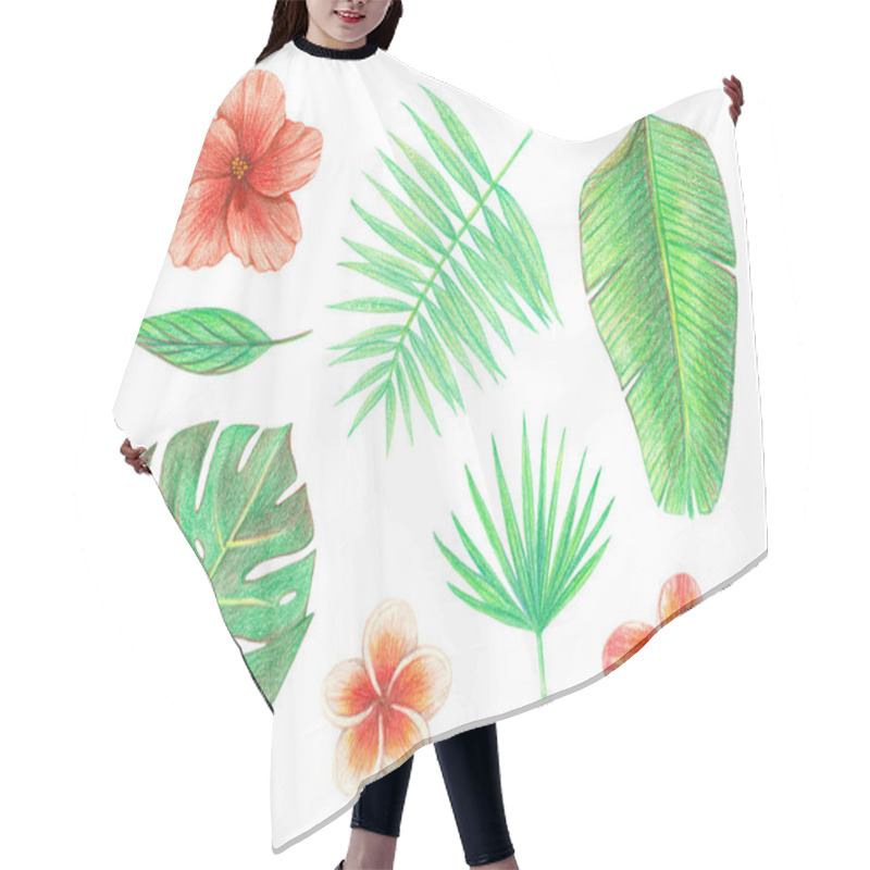 Personality  Tropical Exotic Leaves And Flowers. Palm Leaves, Hibiscus And Plumeria. Hand Drawing Colored Pencils Illustration. Isolated Elements Hair Cutting Cape