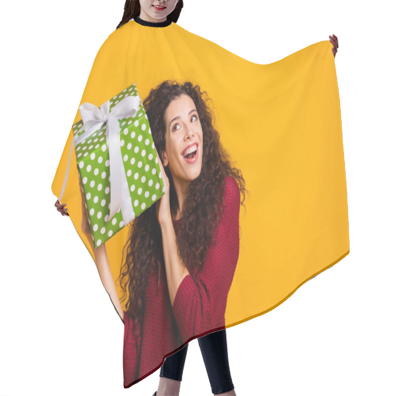 Personality  Close Up Photo Beautiful Cheerful Amazing Her She Lady Holding Large Package Amazed Expression Maybe Cat Dog Pet Inside Wearing Red Knitted Sweater Pullover Clothes Outfit Isolated Yellow Background Hair Cutting Cape