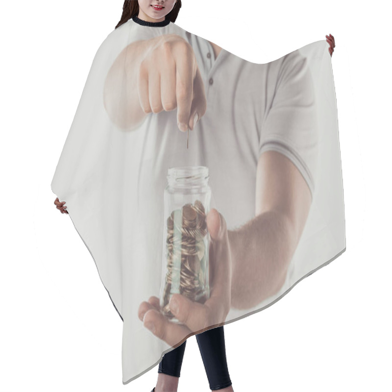 Personality  Cropped Image Of Man Putting Coin Into Jar Isolated On White, Saving Concept Hair Cutting Cape