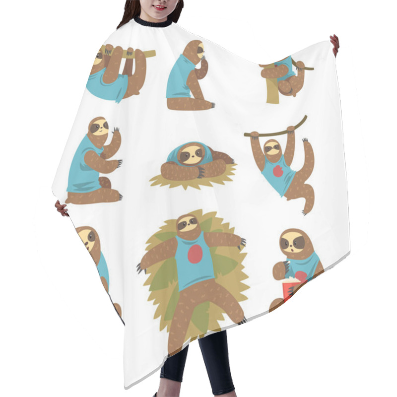 Personality  Funny Sloths Set, Lazy Exotic Rainforest Animal Character In Different Postures Vector Illustrations On A White Background Hair Cutting Cape