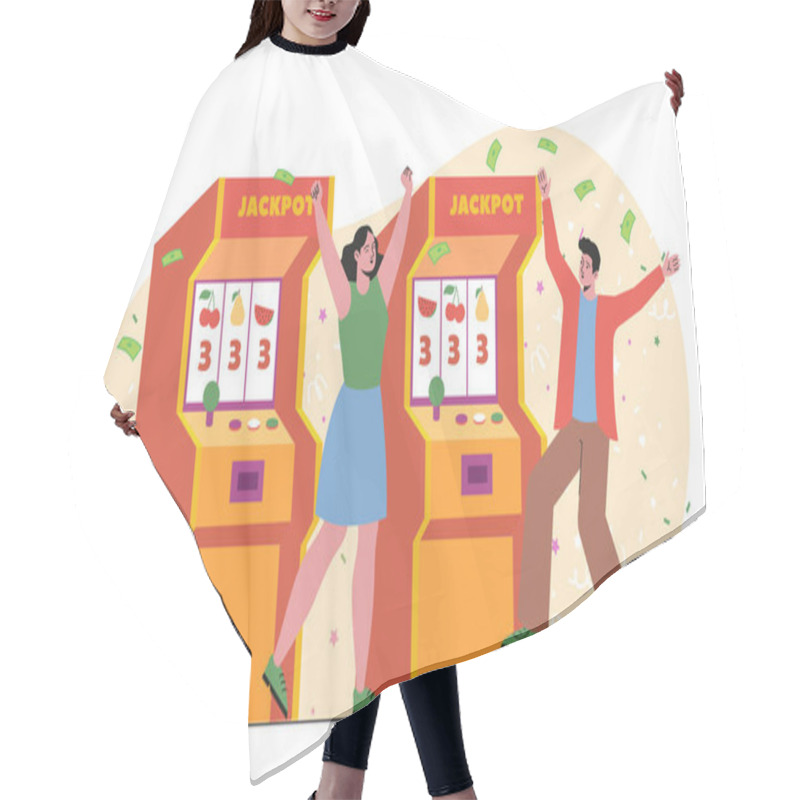 Personality  Two Happy People Celebrate Winning At Slot Machines With Confetti And Cash In The Air. Bright, Colorful Design On A Light Background. Concept Of Success. Vector Illustration Hair Cutting Cape