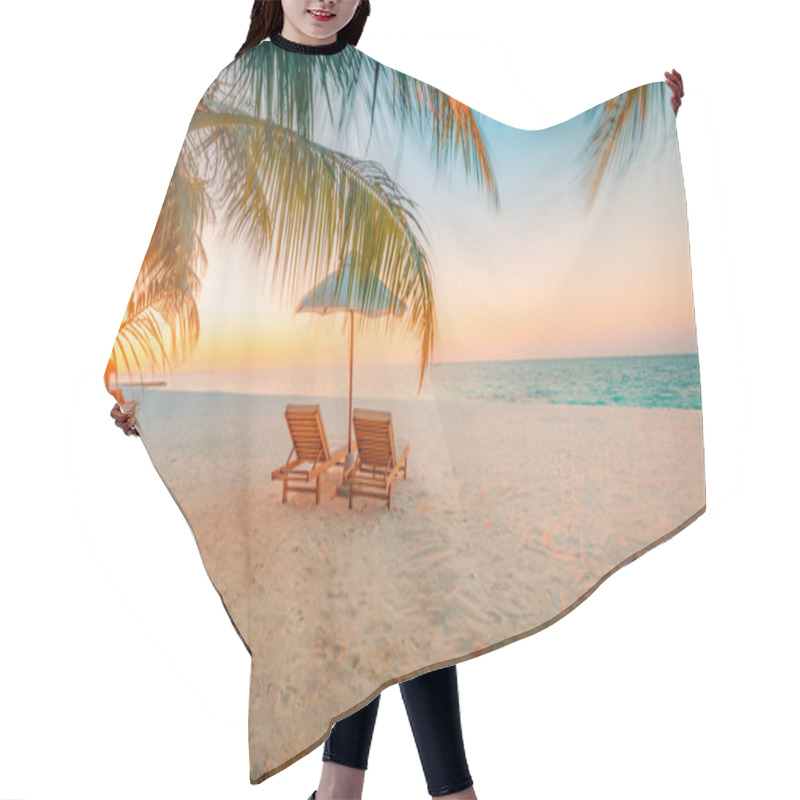 Personality  Beautiful Beach Background For Summer Travel With Sun, Coconut Tree And Beach Wooden Bed On Sand With Beautiful Blue Sea And Blue Sky. Summer Mood Sun Beach Background Concept. Hair Cutting Cape