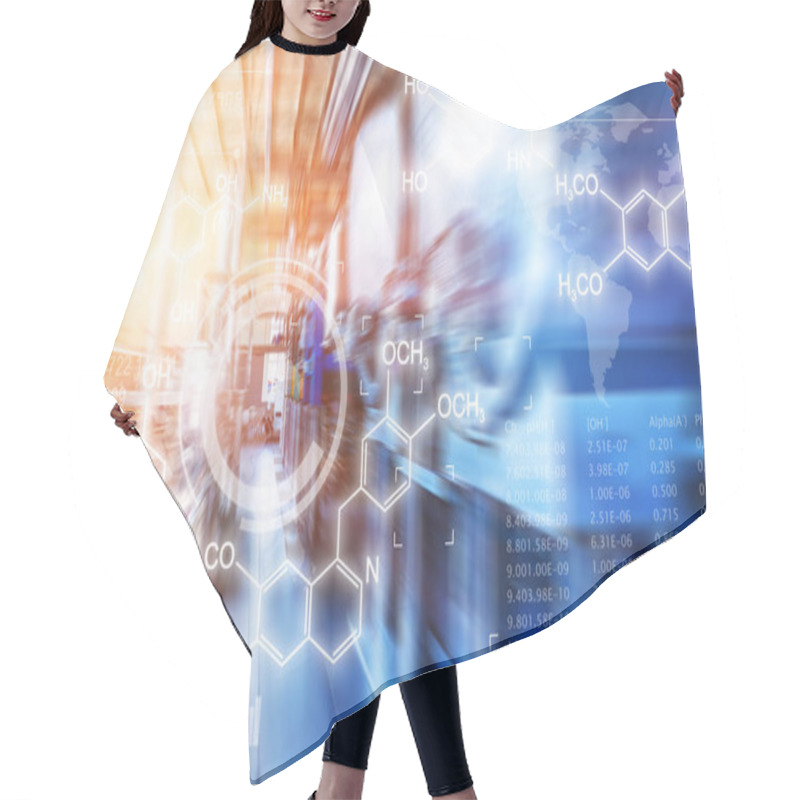 Personality  Creative Abstract Chemical Scientific Background Illustration With Chemistry Formula And Atom Structure Against Chemical Factory Plant Interior With Industrial Manufacturing Equipment With Motion Blur Effect Hair Cutting Cape