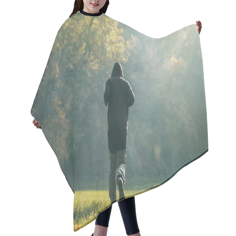 Personality  Hooded Man Jogging In The Park In Early Autumn Morning Hair Cutting Cape