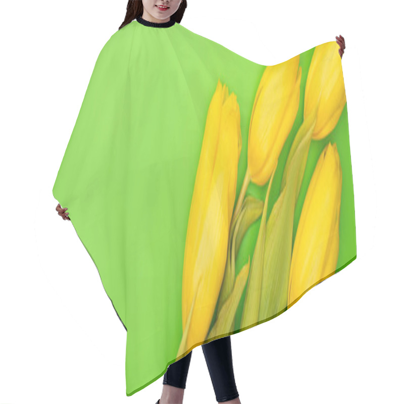 Personality  Panoramic Shot Of Yellow Tulips And Decorative Heart On Green, Spring Concept Hair Cutting Cape